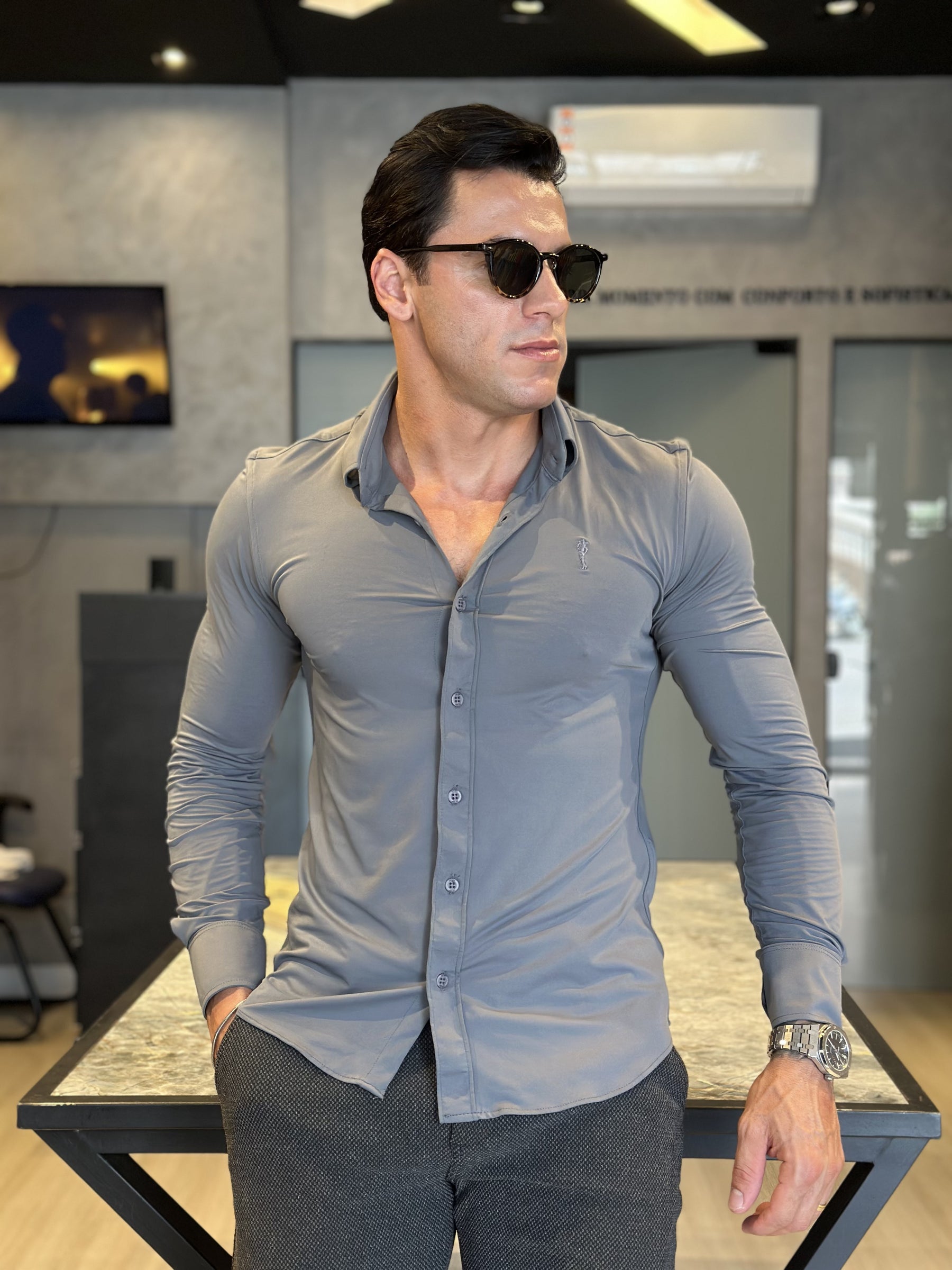 Camisa Social Manga Longa Cinza