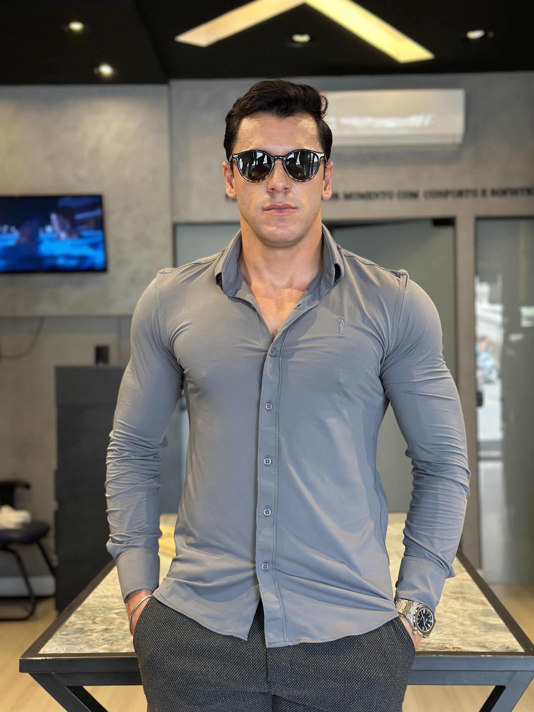 Camisa Social Manga Longa Cinza